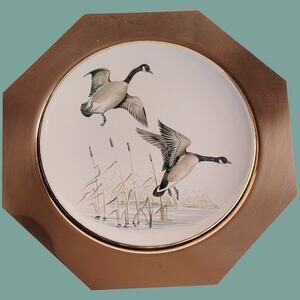 Vintage 1950s Fantasy Copperware Wall-hanging with Canada Geese Ceramic Plate